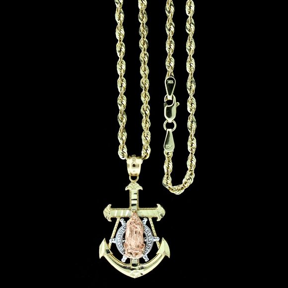 10K Real Gold Rope Chain and Virgin Mary Anchor Cross Pendant Set - Picture 1 of 9